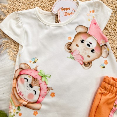 Conj. Blusa Ursinha e Raposinha com Short Laranja - Off White